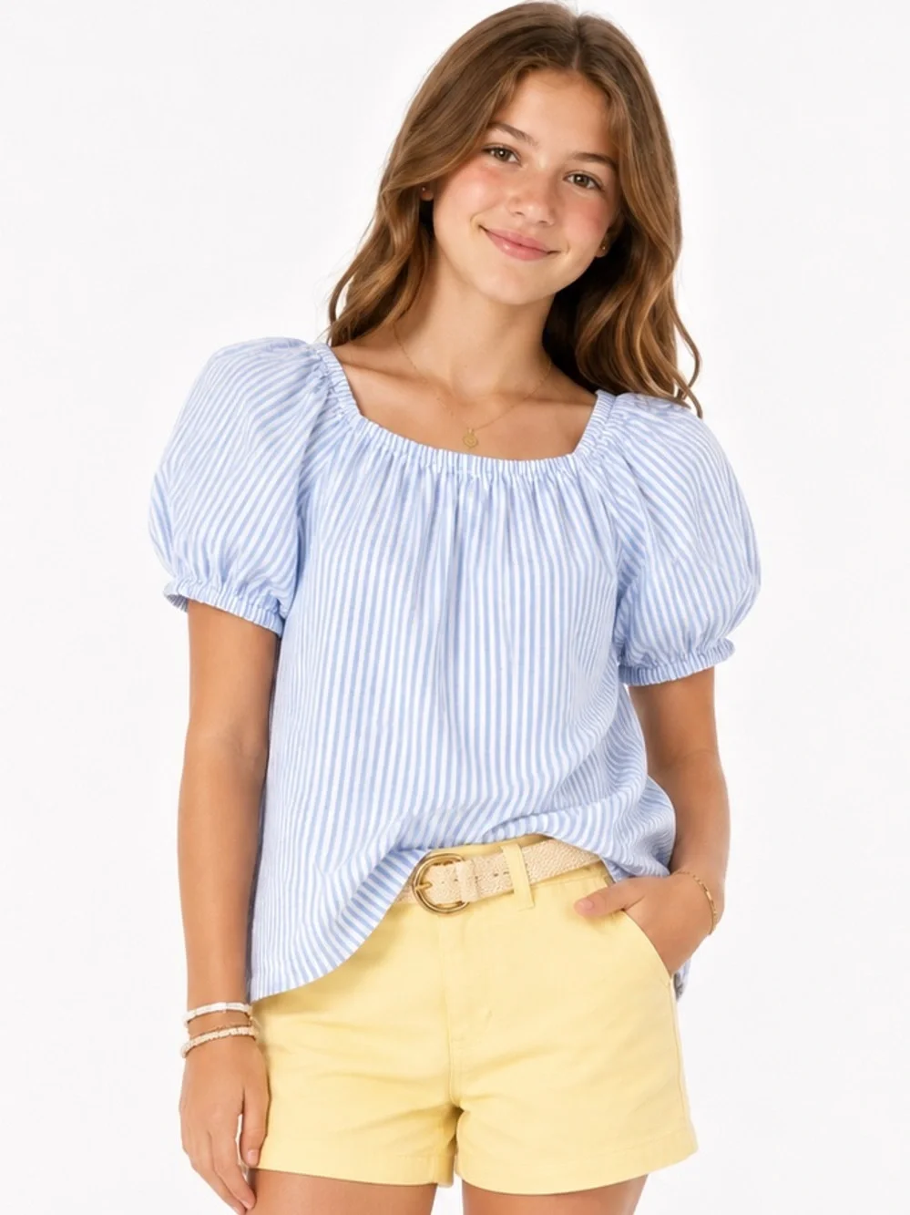 Crewcuts Light Blue SeerSucker Striped Puff-Sleeve Top-00C